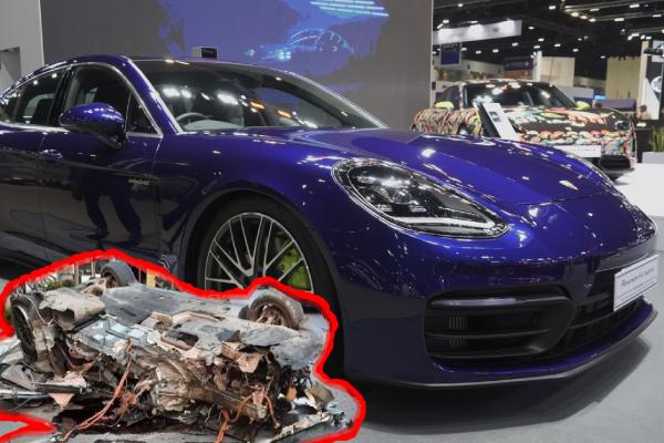 หลวงพ่อไม่ต้องมา Porsche Panamera ชนยับคนขับเจ็บนิดเดียว แต่เสียหายหลายแสน